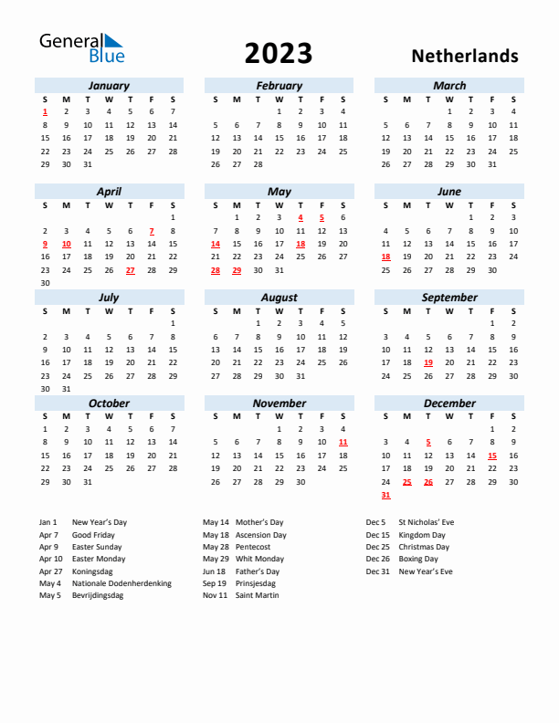 2023 Calendar for The Netherlands with Holidays