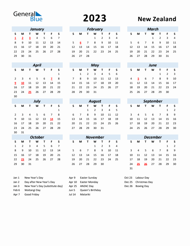 2023 Calendar for New Zealand with Holidays