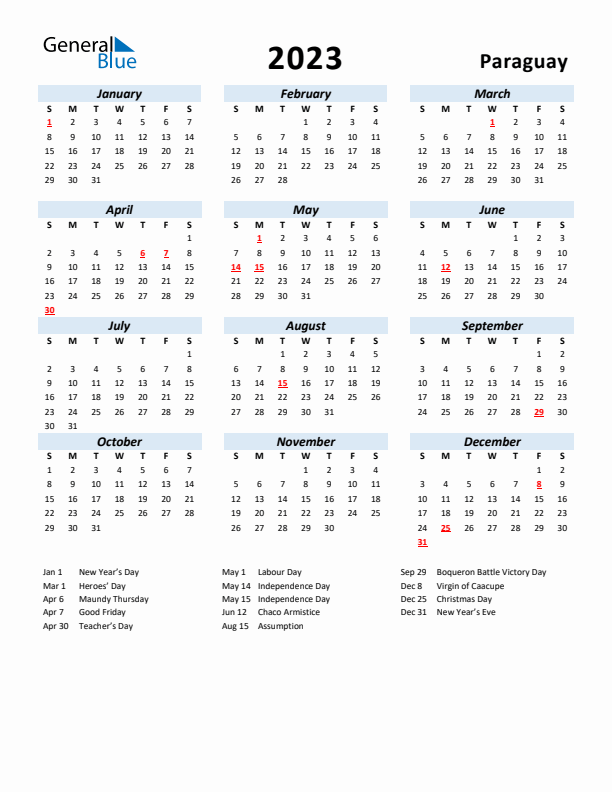 2023 Calendar for Paraguay with Holidays