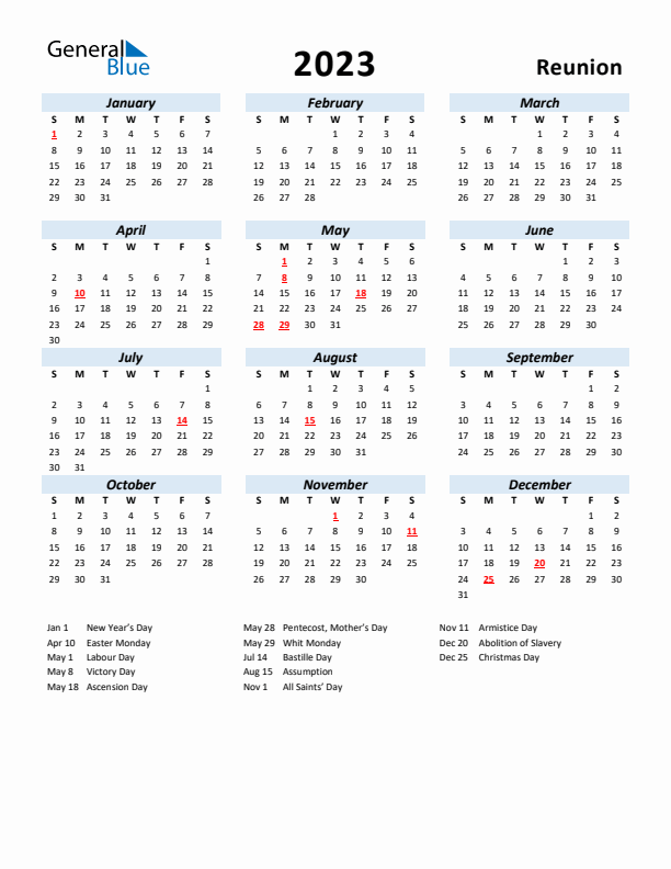 2023 Calendar for Reunion with Holidays