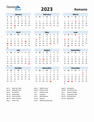 Romania current year calendar 2023 with holidays