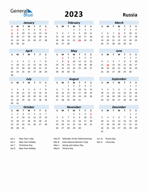 2023 Calendar for Russia with Holidays