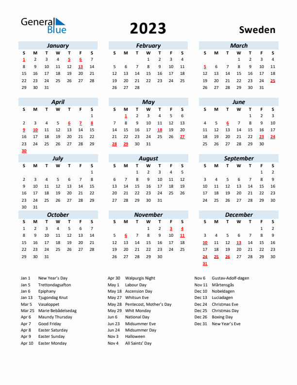 2023 Calendar for Sweden with Holidays