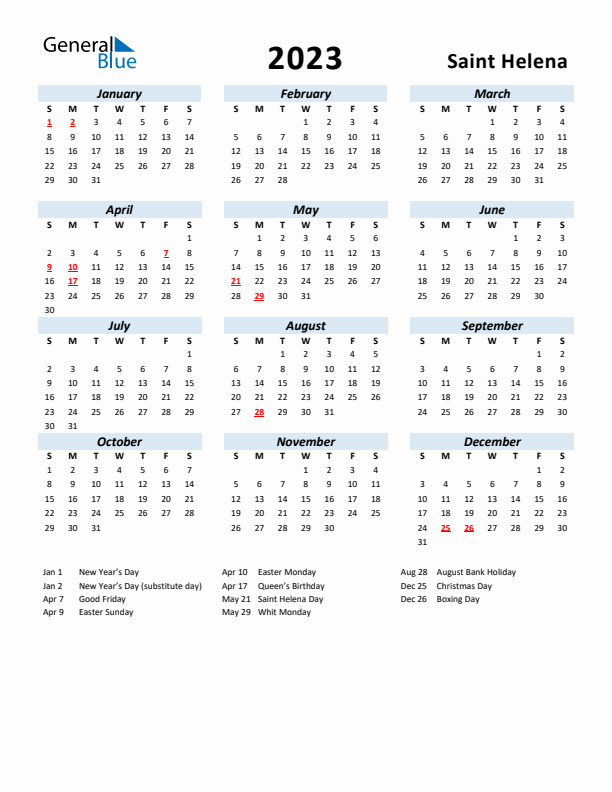 2023 Calendar for Saint Helena with Holidays
