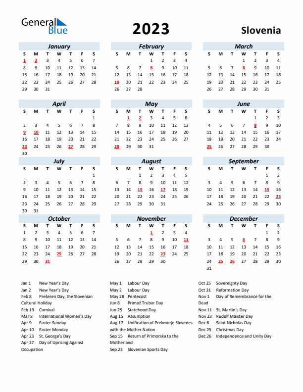 2023 Calendar for Slovenia with Holidays