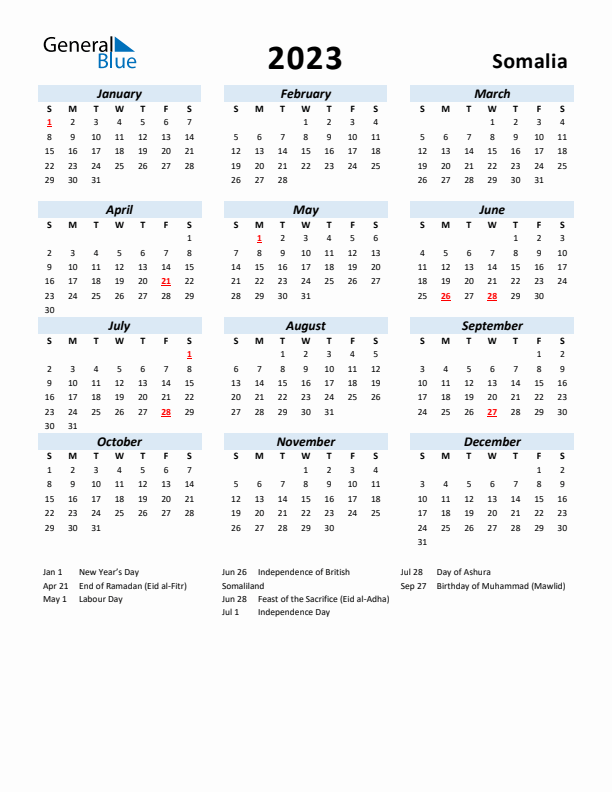 2023 Calendar for Somalia with Holidays