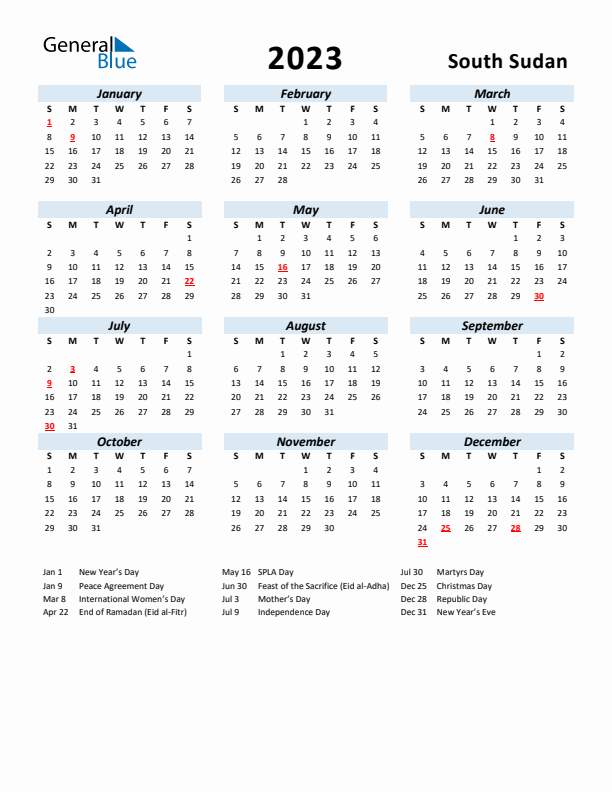 2023 Calendar for South Sudan with Holidays