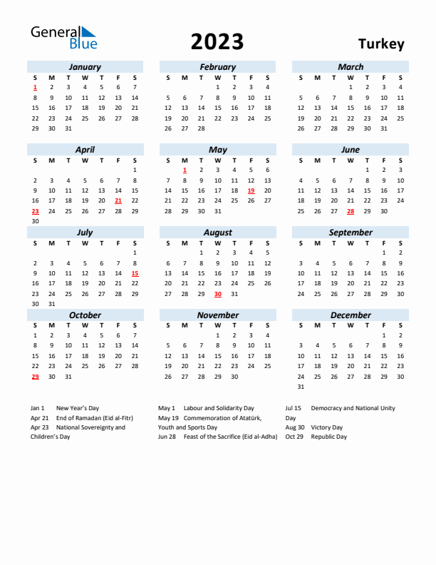 2023 Calendar for Turkey with Holidays