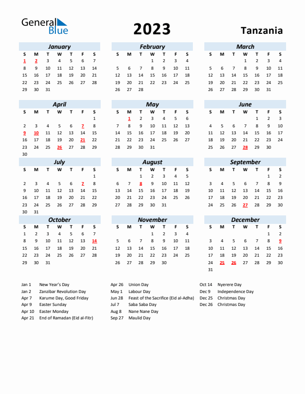 2023 Calendar for Tanzania with Holidays