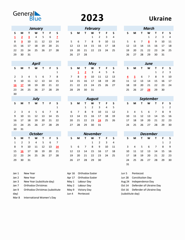 2023 Calendar for Ukraine with Holidays