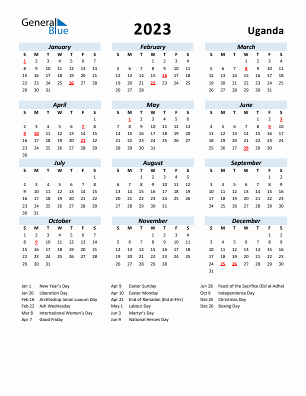 2023 Calendar for Uganda with Holidays