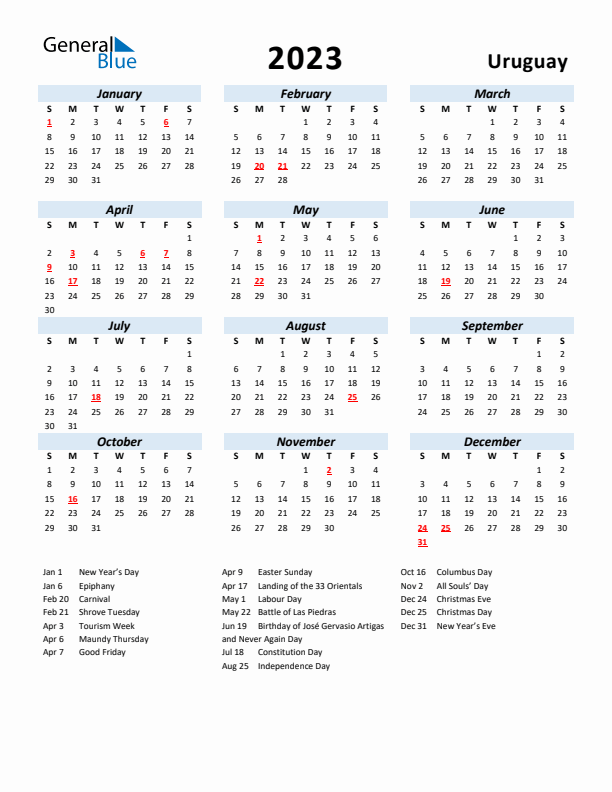 2023 Calendar for Uruguay with Holidays