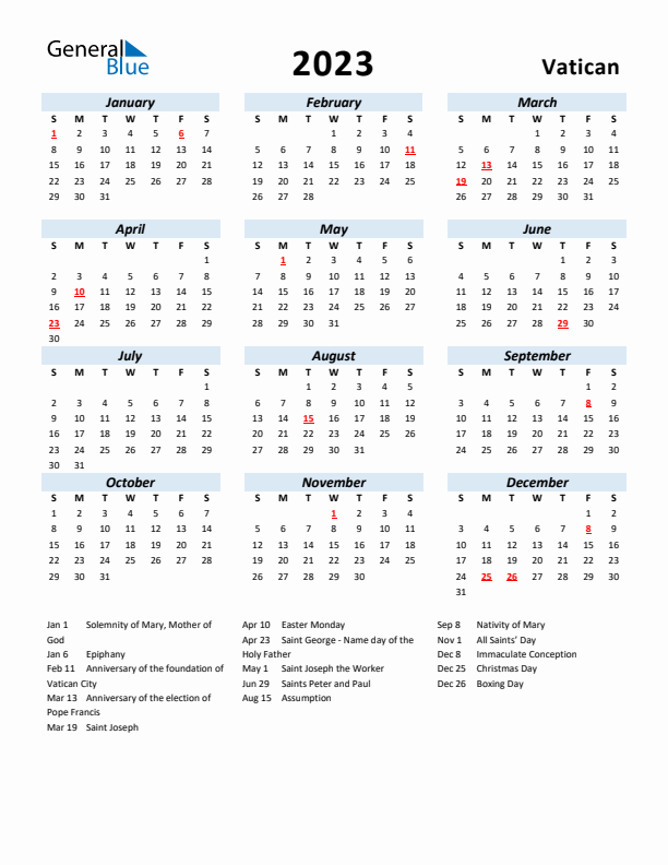 2023 Calendar for Vatican with Holidays
