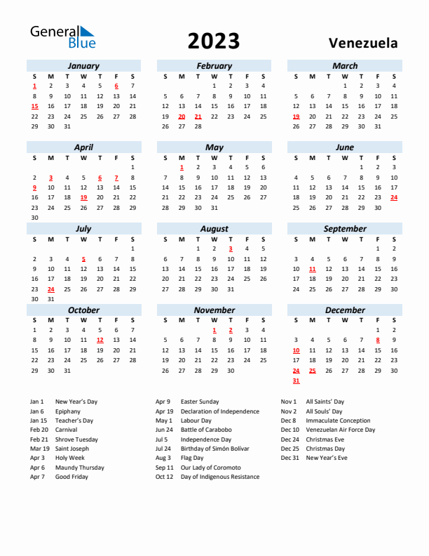 2023 Calendar for Venezuela with Holidays