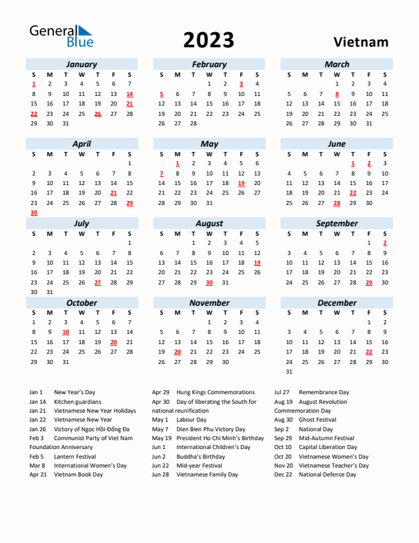 2023 Calendar for Vietnam with Holidays