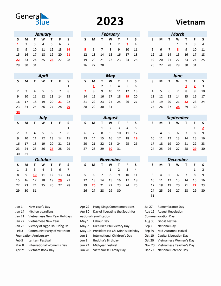 2023 Yearly Calendar for Vietnam with Holidays