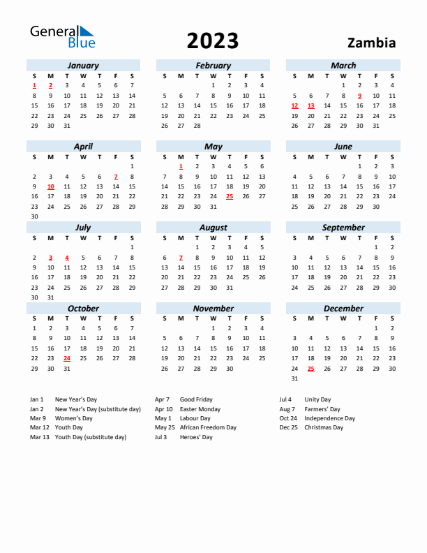 2023 Calendar for Zambia with Holidays