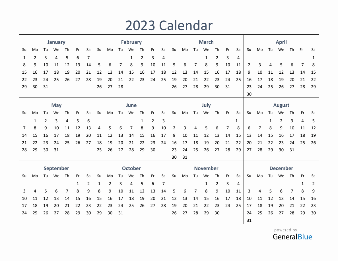 One-Page Yearly Calendar 2023 (PDF Excel Word)