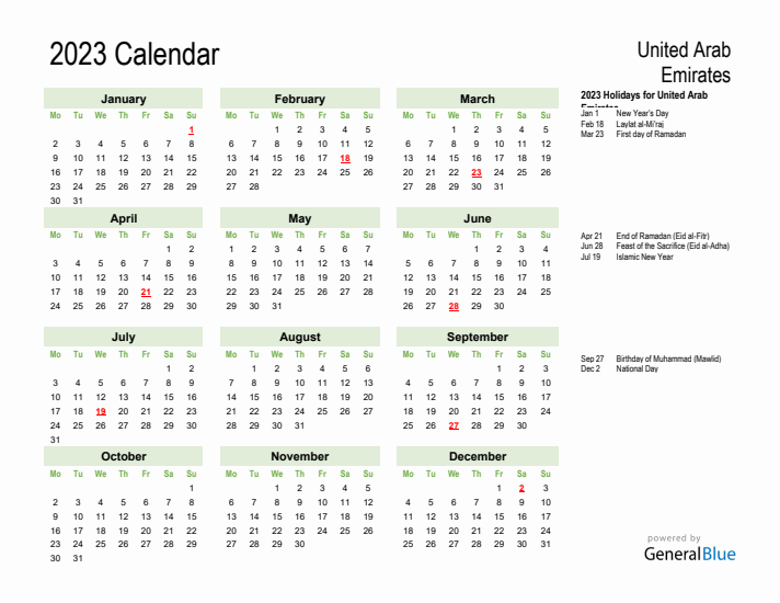 Holiday Calendar 2023 for United Arab Emirates (Monday Start)