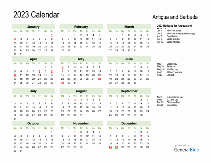 Holiday Calendar 2023 for Antigua and Barbuda (Monday Start)