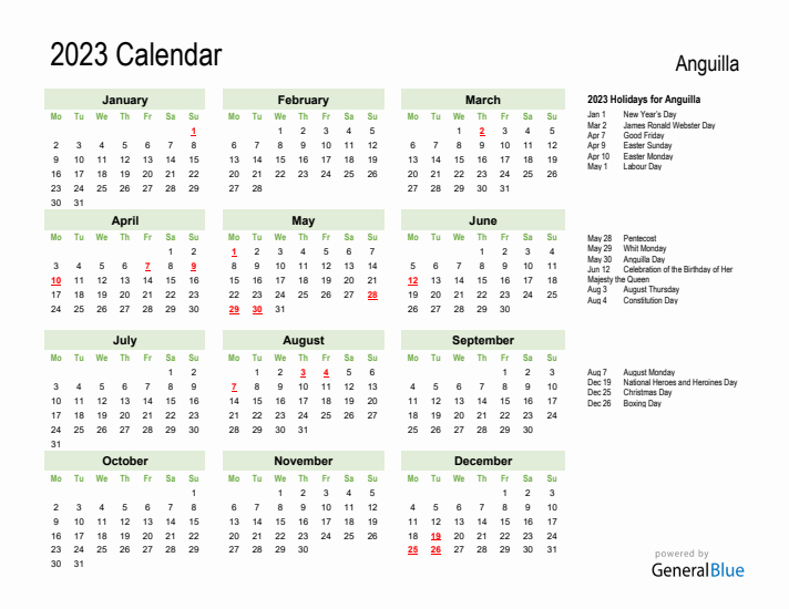 Holiday Calendar 2023 for Anguilla (Monday Start)