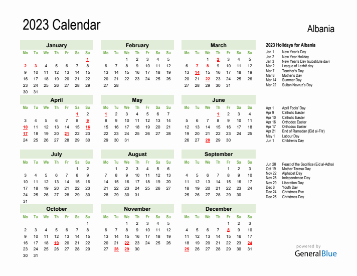 Holiday Calendar 2023 for Albania (Monday Start)