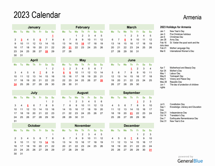 Holiday Calendar 2023 for Armenia (Monday Start)