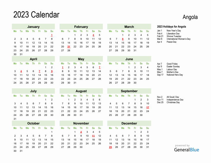Holiday Calendar 2023 for Angola (Monday Start)