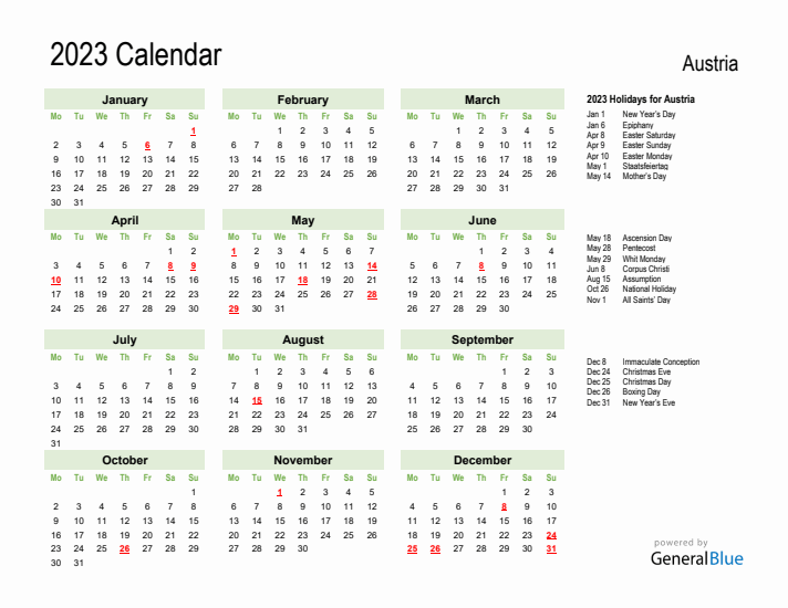 Holiday Calendar 2023 for Austria (Monday Start)