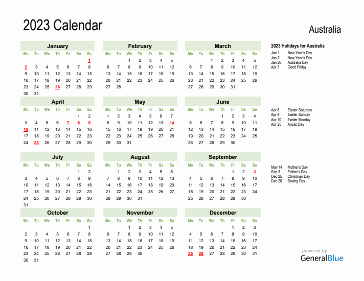 Holiday Calendar 2023 for Australia (Monday Start)