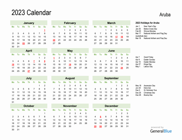 Holiday Calendar 2023 for Aruba (Monday Start)