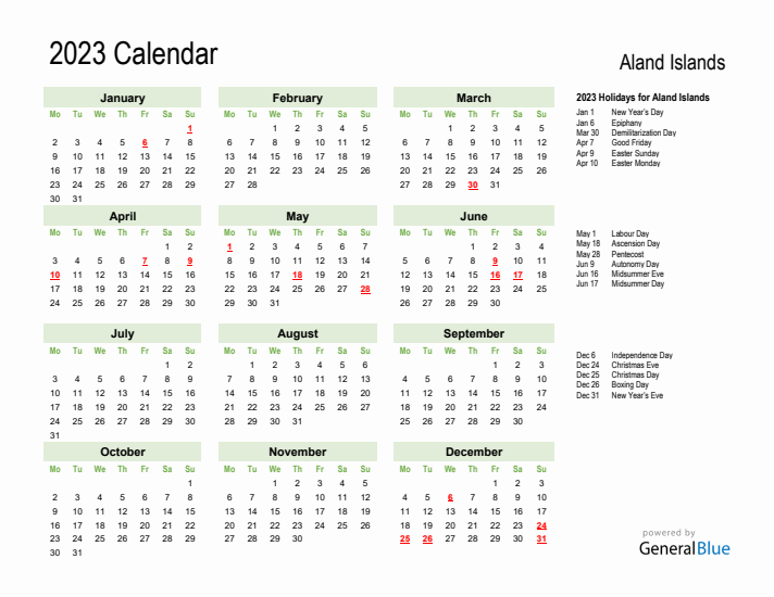 Holiday Calendar 2023 for Aland Islands (Monday Start)