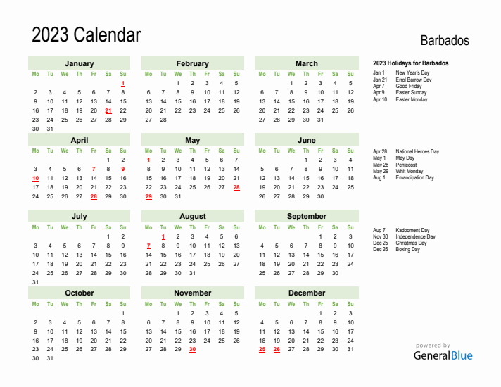 Holiday Calendar 2023 for Barbados (Monday Start)