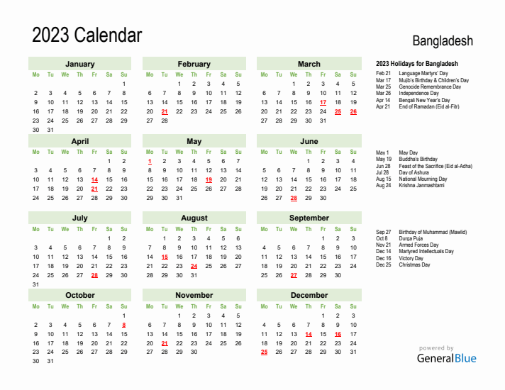 Holiday Calendar 2023 for Bangladesh (Monday Start)