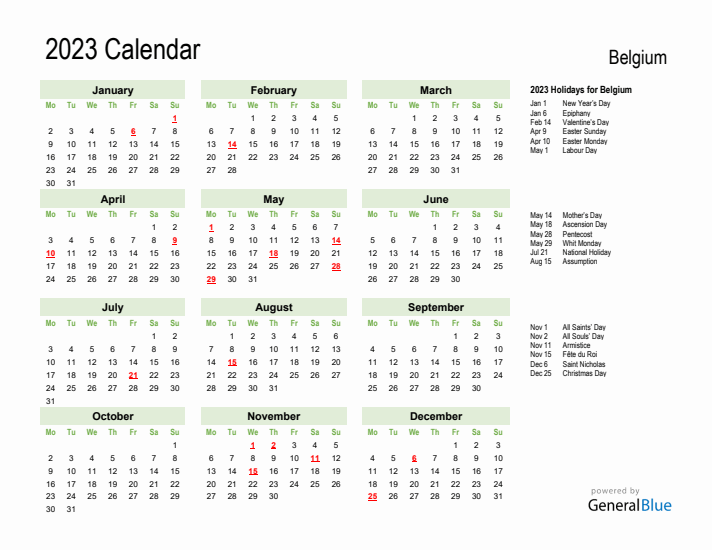 Holiday Calendar 2023 for Belgium (Monday Start)
