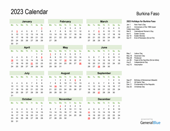 Holiday Calendar 2023 for Burkina Faso (Monday Start)