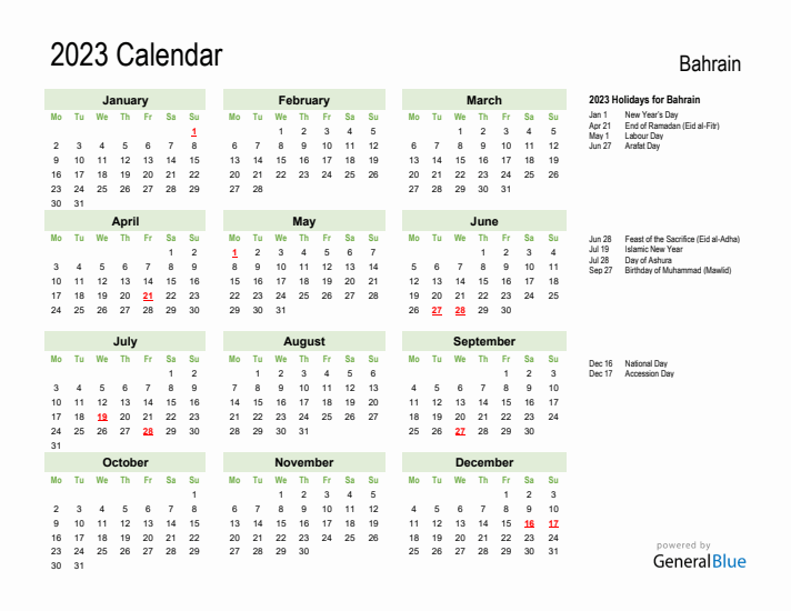 Holiday Calendar 2023 for Bahrain (Monday Start)