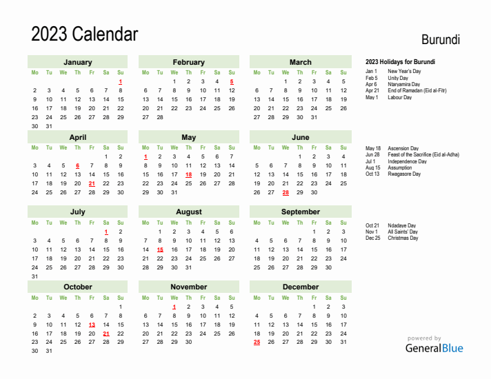Holiday Calendar 2023 for Burundi (Monday Start)