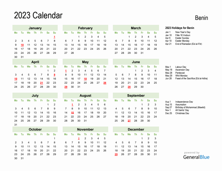 Holiday Calendar 2023 for Benin (Monday Start)
