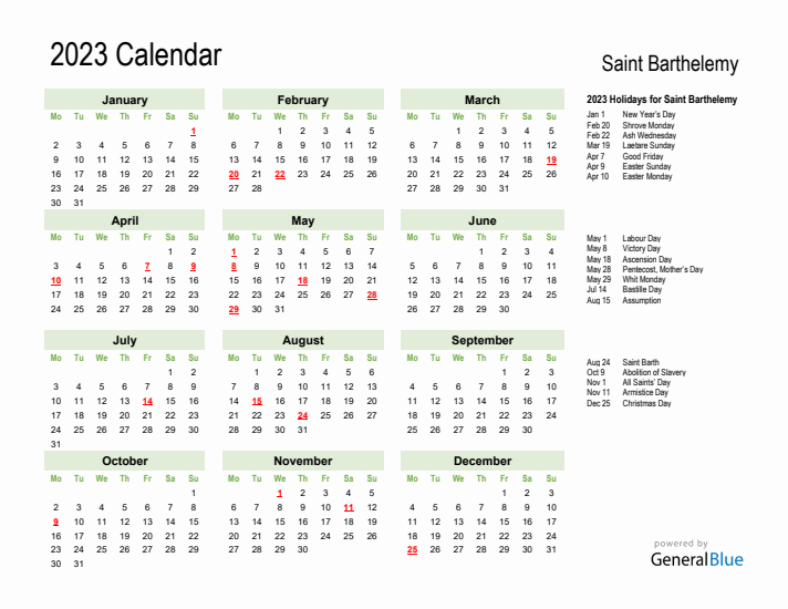 Holiday Calendar 2023 for Saint Barthelemy (Monday Start)
