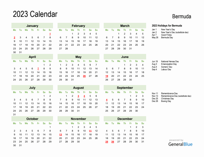 Holiday Calendar 2023 for Bermuda (Monday Start)