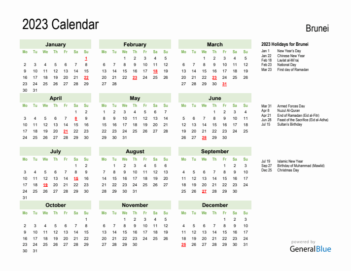 Holiday Calendar 2023 for Brunei (Monday Start)