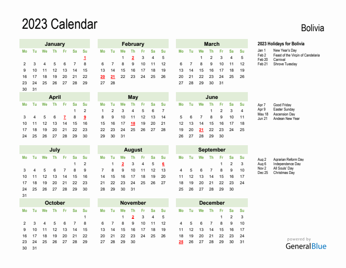 Holiday Calendar 2023 for Bolivia (Monday Start)