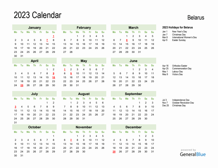 Holiday Calendar 2023 for Belarus (Monday Start)