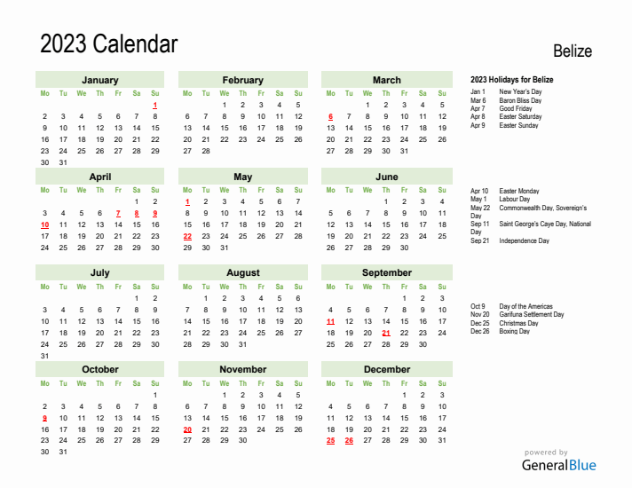 Holiday Calendar 2023 for Belize (Monday Start)