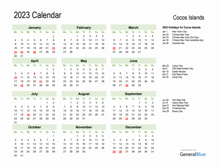 Holiday Calendar 2023 for Cocos Islands (Monday Start)