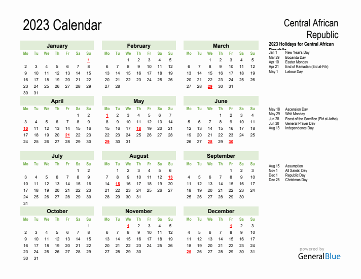 Holiday Calendar 2023 for Central African Republic (Monday Start)