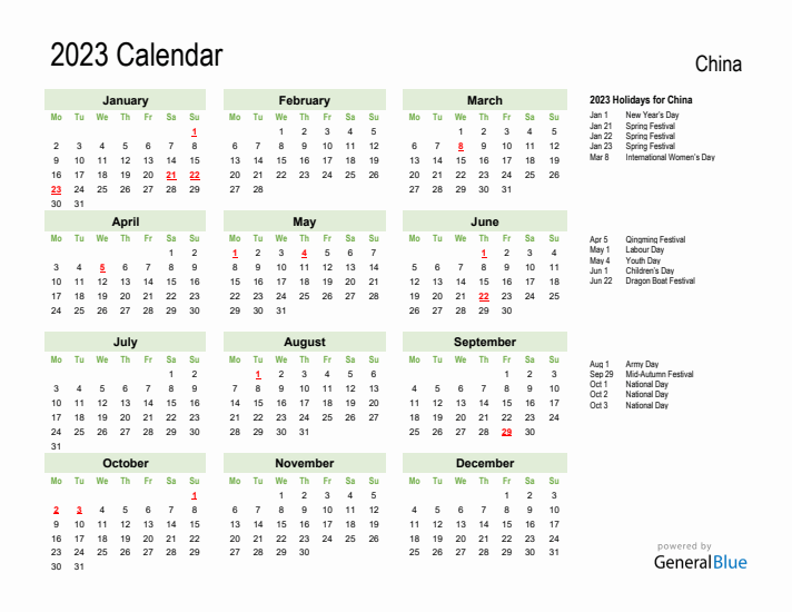 Holiday Calendar 2023 for China (Monday Start)