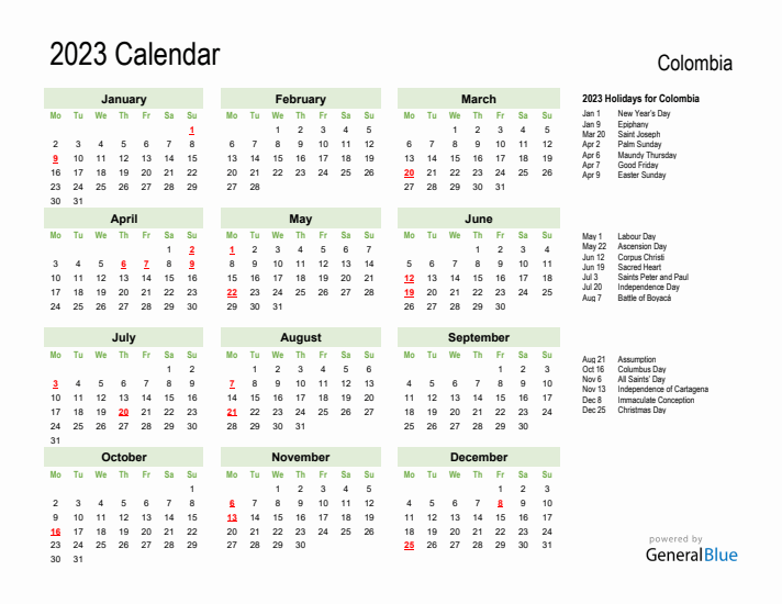 Holiday Calendar 2023 for Colombia (Monday Start)