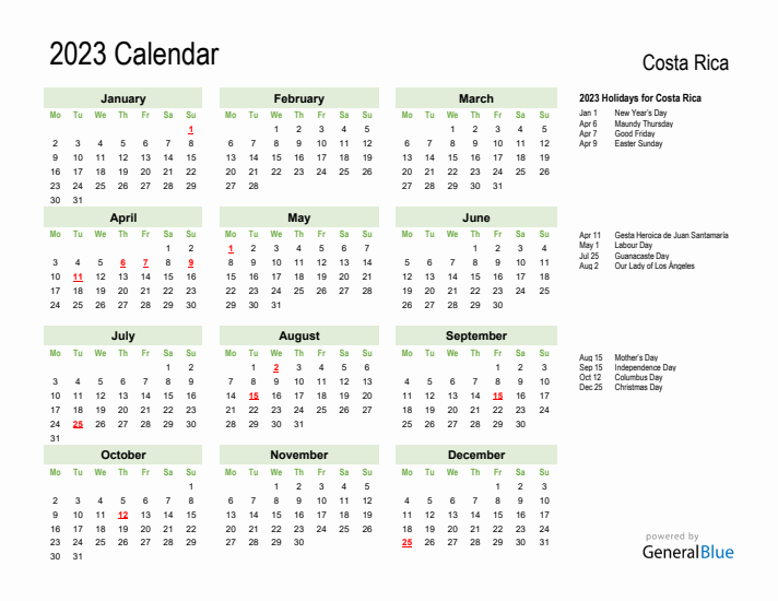 Holiday Calendar 2023 for Costa Rica (Monday Start)